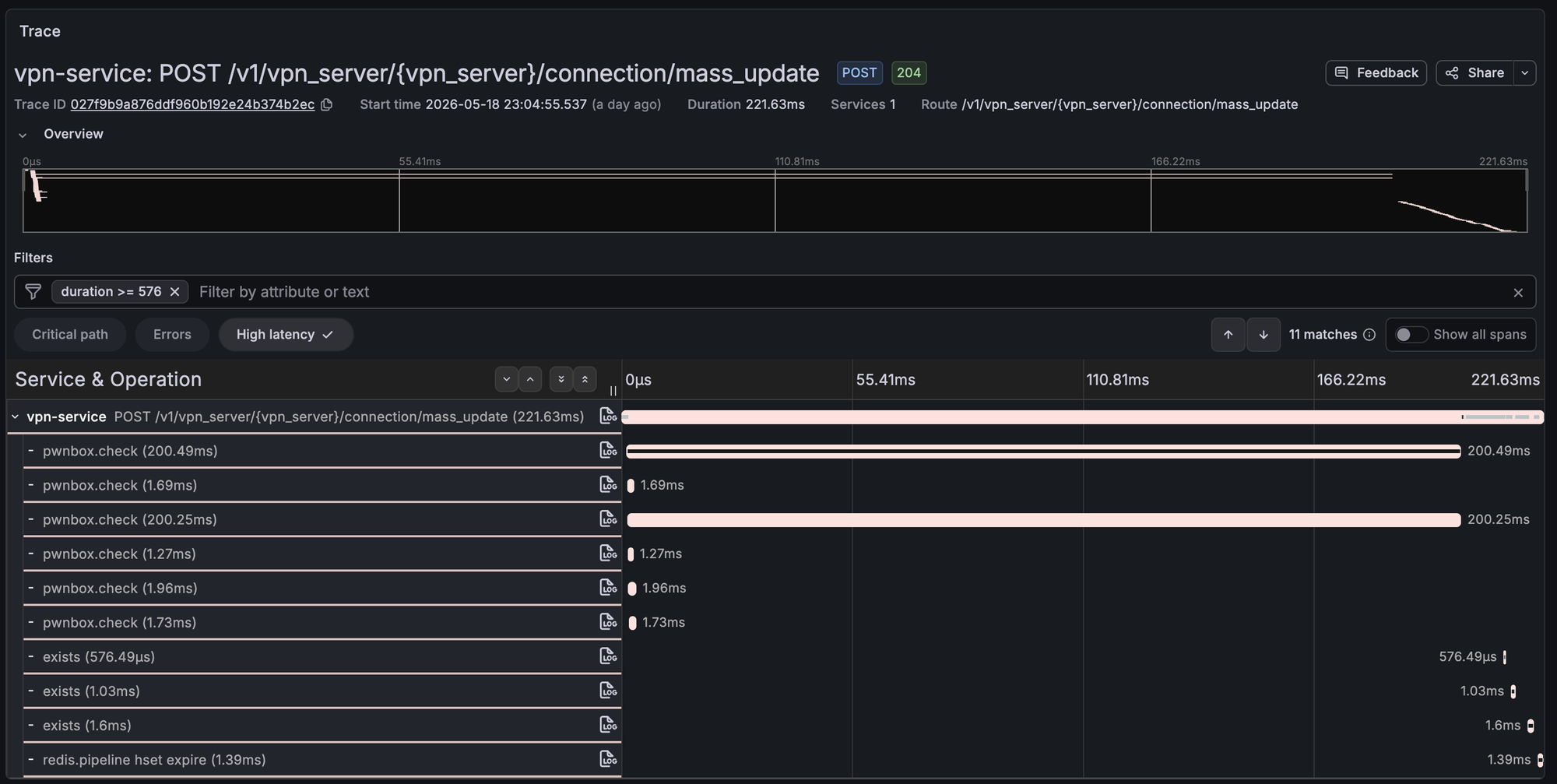 Tempo trace showing a pwnbox.check span with attributes including source IP, lookup outcome, and pwnbox.lookup.timed_out=true on a cache-hit span.